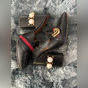 Gucci Black Leather Pearl-Embellished Mules with Red and Blue Web